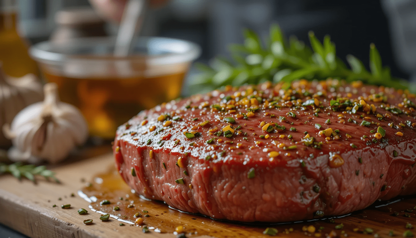 Un close-up detaliat al unei bucăți de carne de vita pe gratar marinată