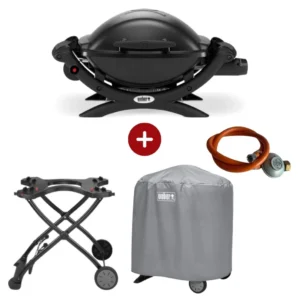 Set Gratar pe gaz Weber Q1000 - Negru + husa integrala + suport cu roti