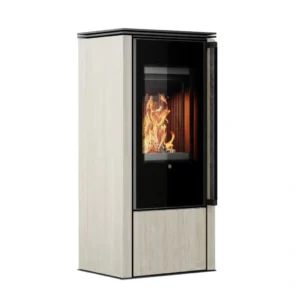 Soba din otel cu finisaj quartz Alb travertin - maner lemn negru- samota neagra